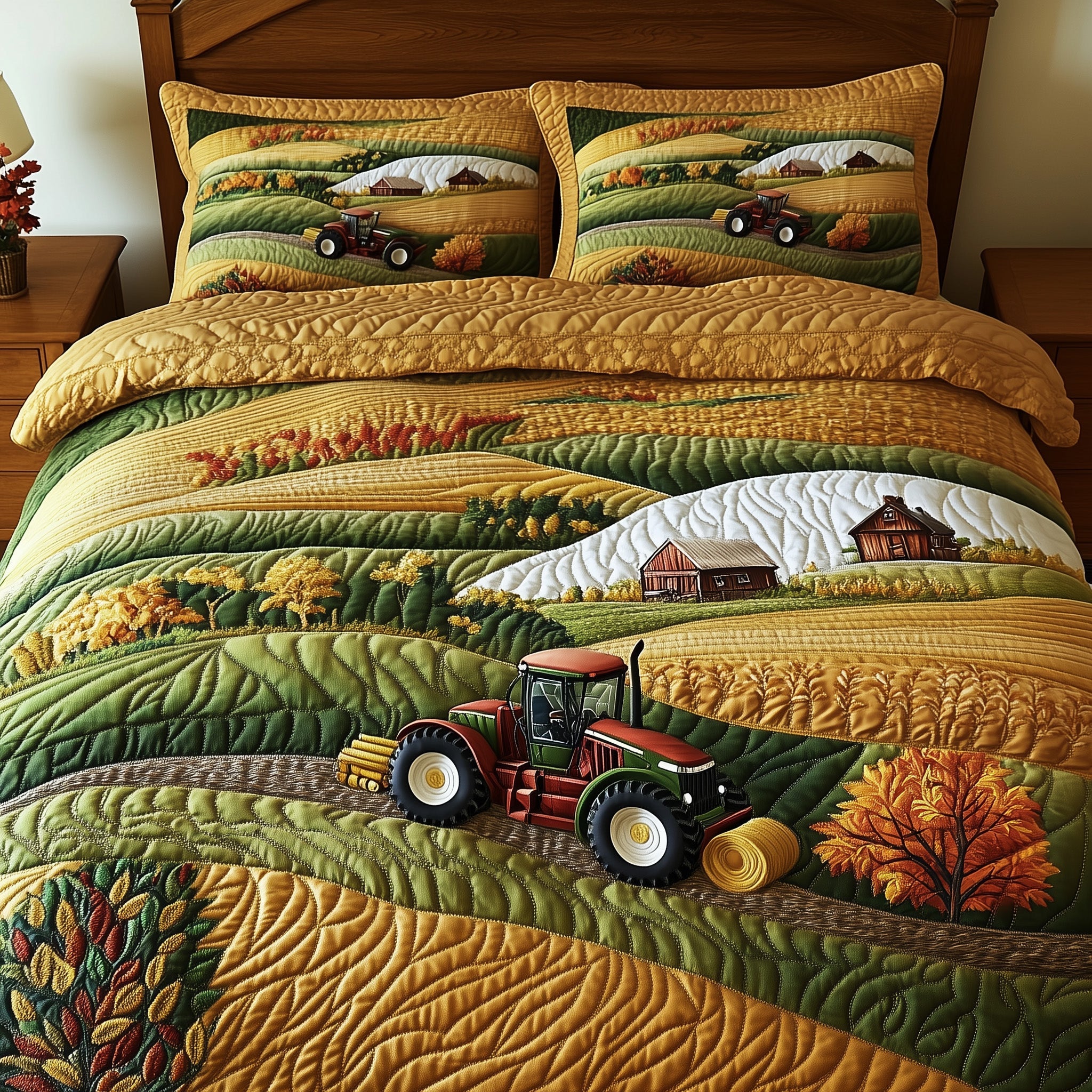 Golden Farm Fields Quilted Bedding Set Duvet Cover Merchandise Unique Tractor Gifts