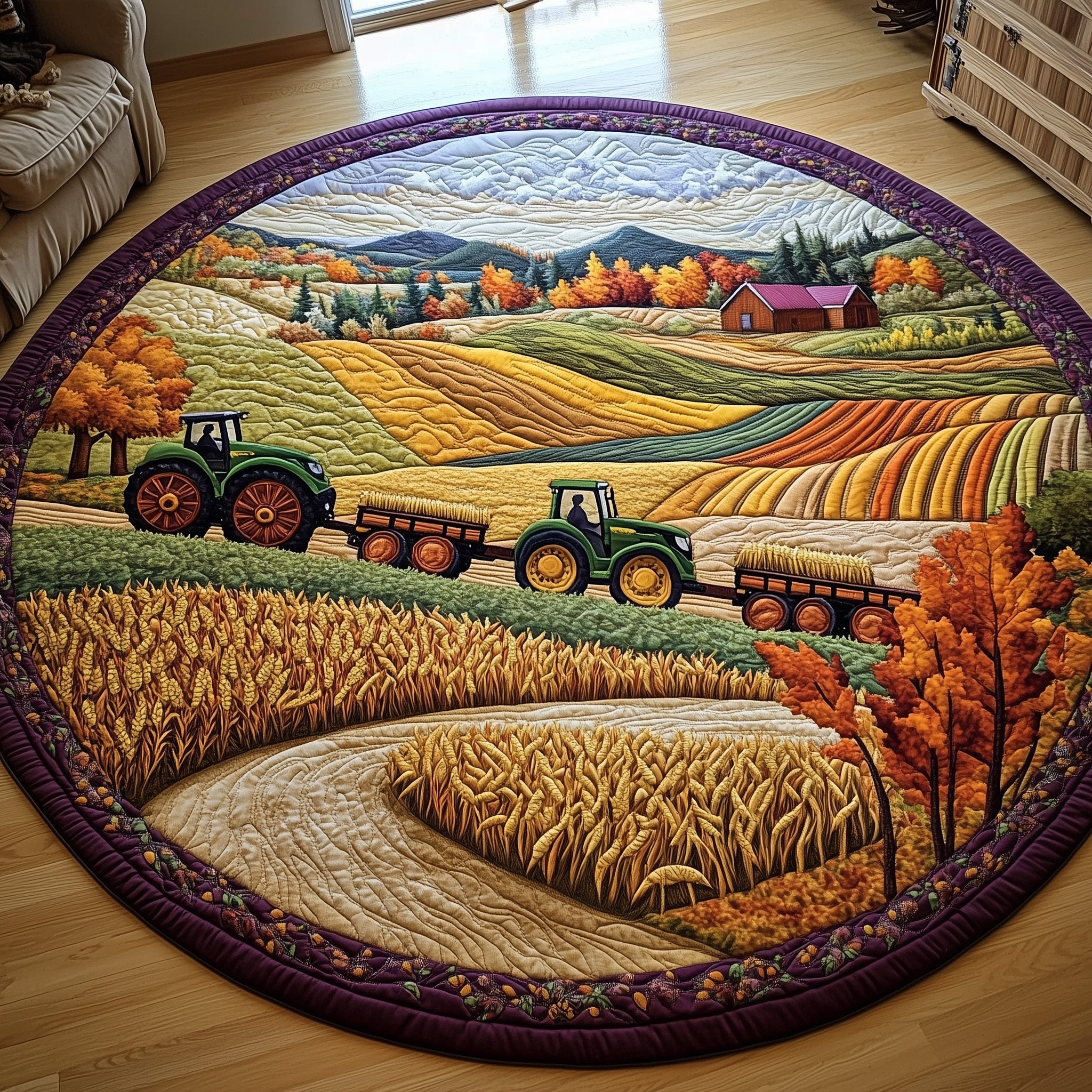 Golden Farm Fields Quilted Round Mat Premium Quilted Round Mat for Cozy Living Spaces