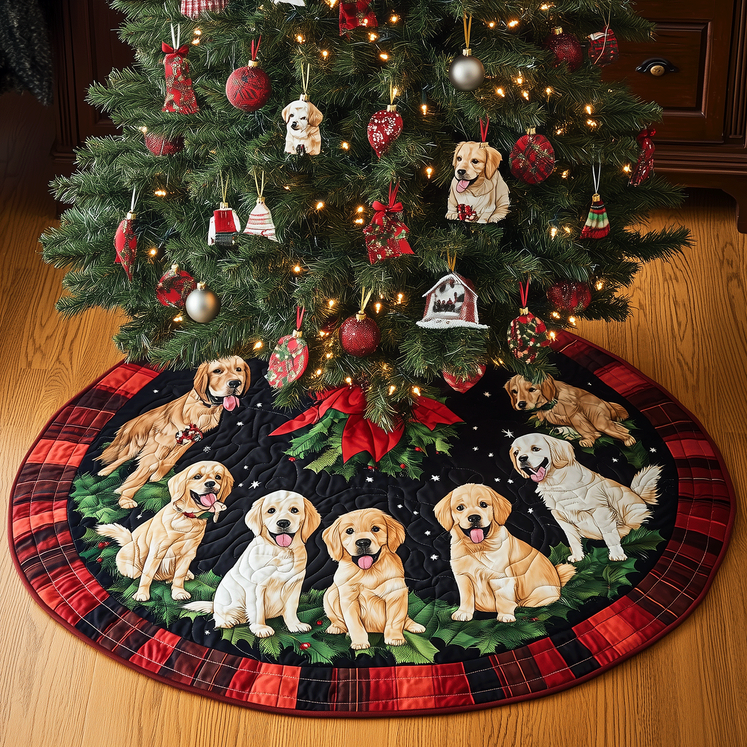 Golden Festive Fun Quilted Christmas Tree Skirt Exclusive Holiday Tree Skirt Gift for Families