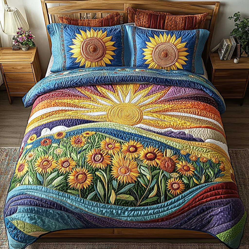 Golden Fields Quilted Bedding Set Bed Decor Sunflower Theme Gifts Merchandise