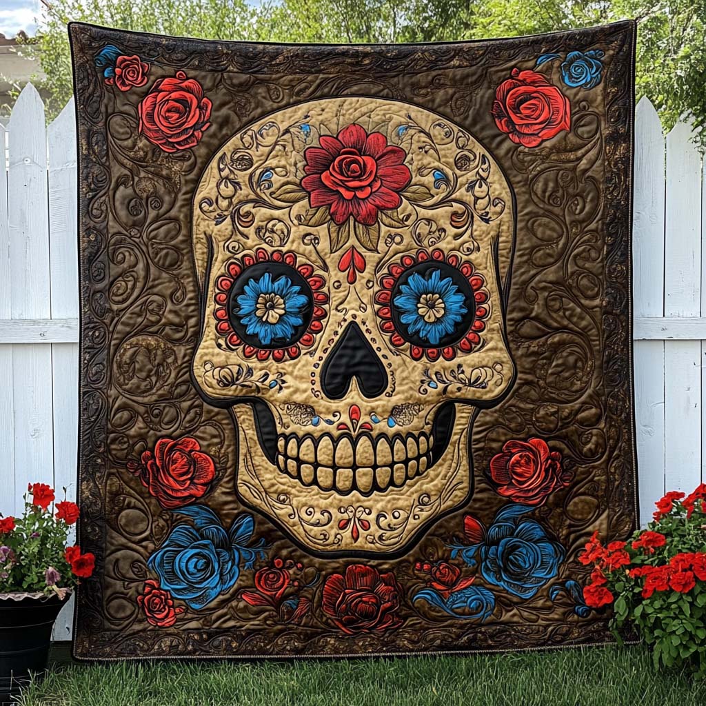 Golden Fiesta Skull Quilted Blanket Winter Decor Blanket Cool Skull Gifts