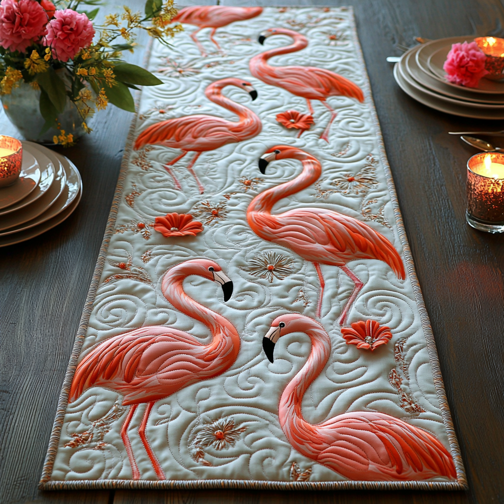 Golden Flamingo Quilted Table Runner Dinner Table Decor Great Flamingo Lover Gifts