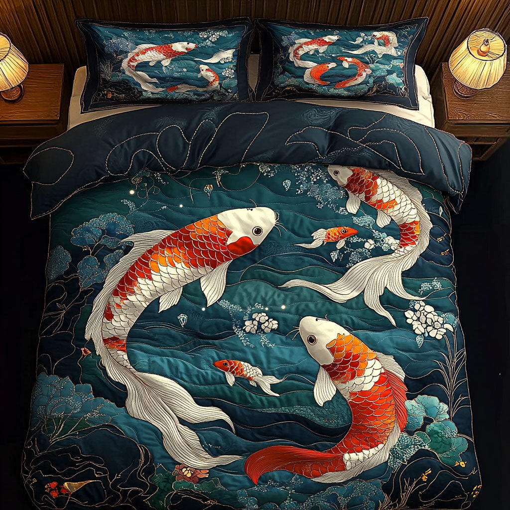 Golden Flow Quilted Bedding Set Cozy Bedroom Decor Koi Fish Presents