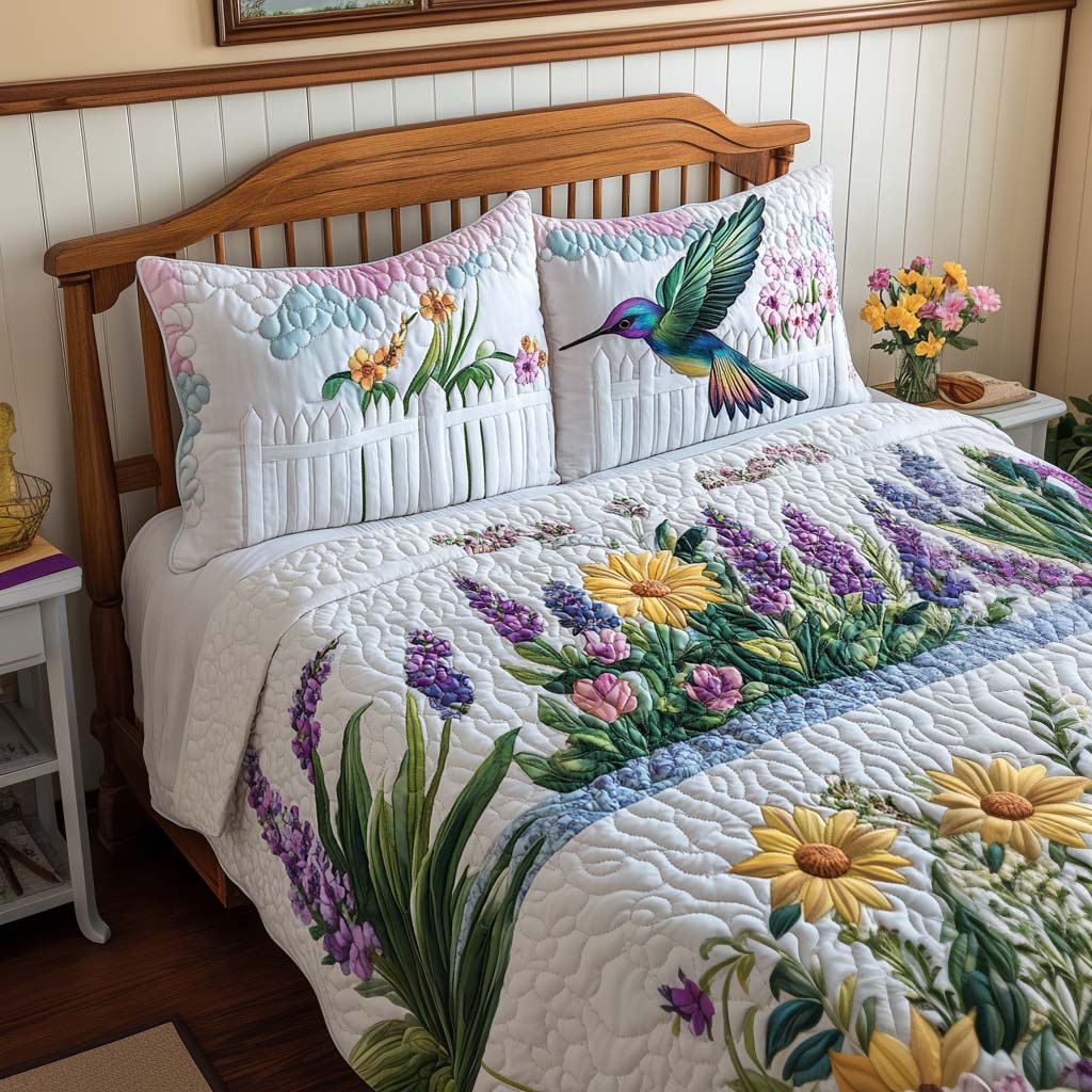 Golden Flutter Quilted Bedding Set Cozy Bedroom Decor Unique Hummingbird Presents