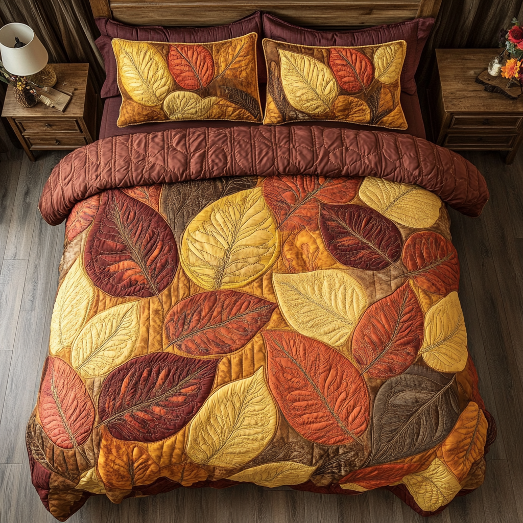 Golden Foliage Quilted Bedding Set Cool Bedroom Decor Cute Fall Gifts For Girlfriend