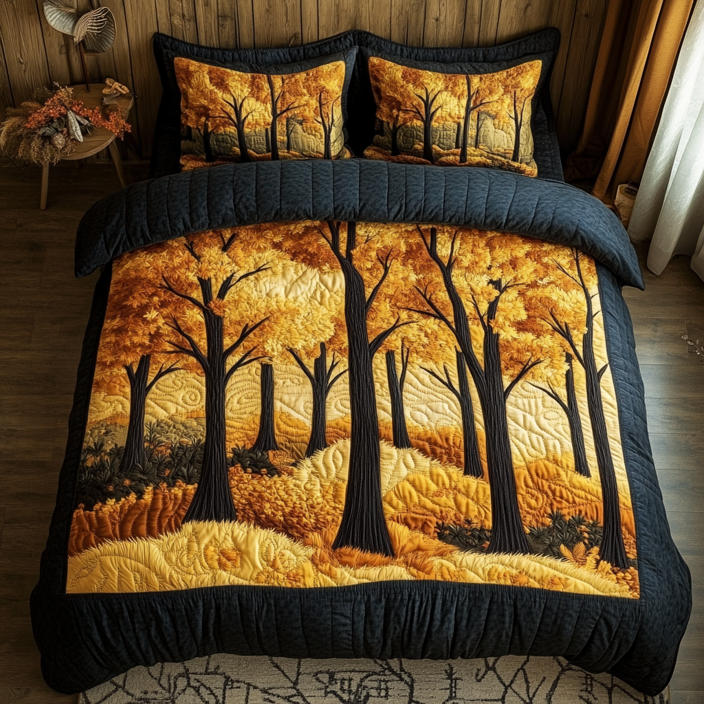 Golden Forest Quilted Bedding Set Cute Bedroom Decor Fall Autumn Gifts For Him