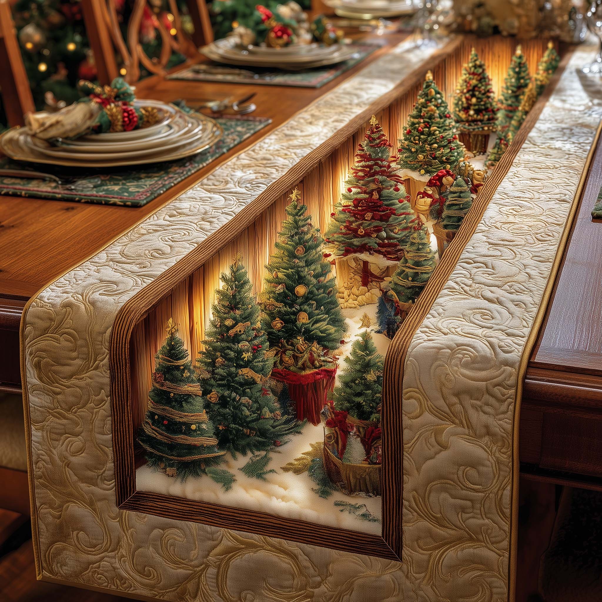 Golden Forest Quilted Table Runner Rustic Kitchen Dining Decor Gift For Cozy Family Home