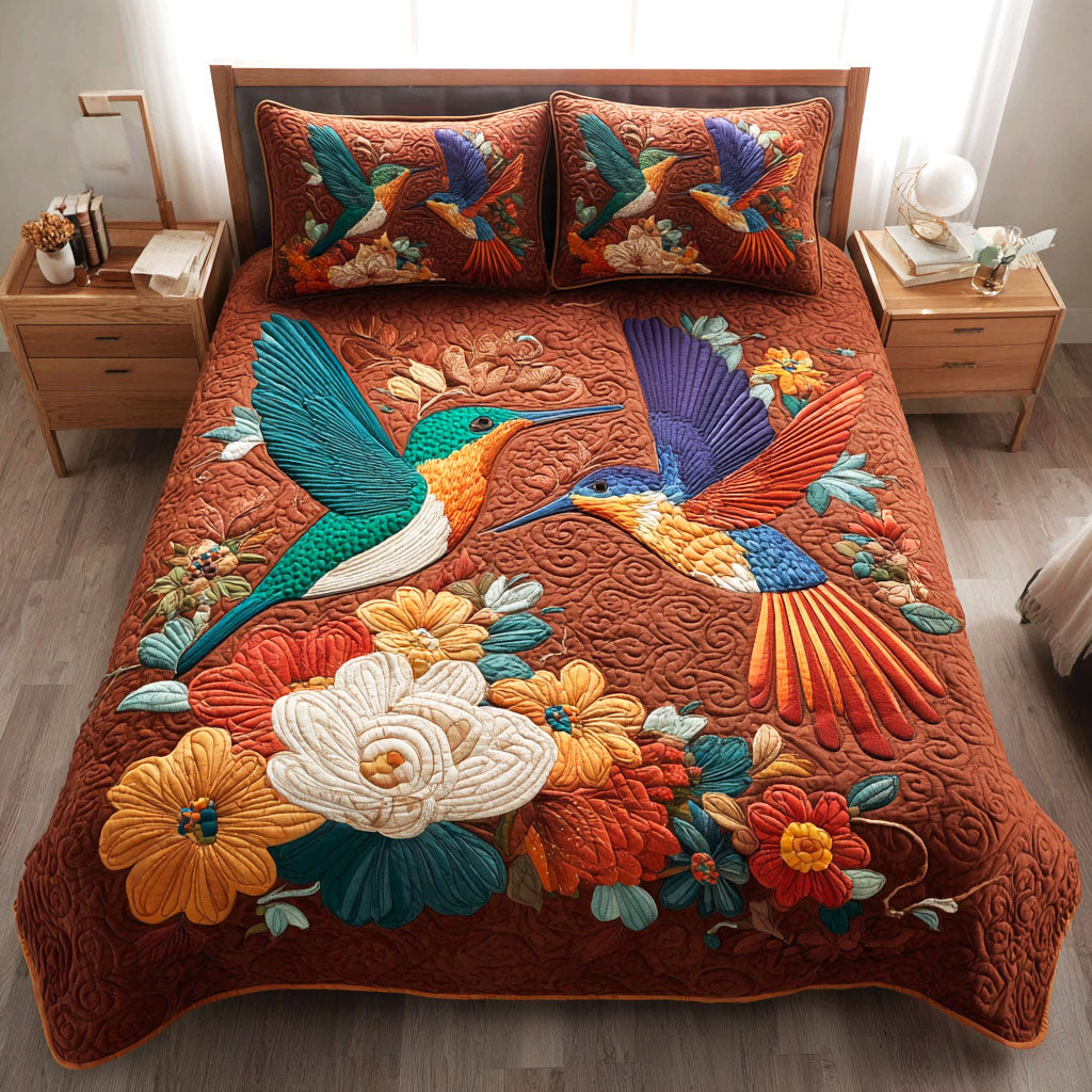 Golden Garden Hummers Quilted Bedding Set Bed Room Decoration Best Hummingbird Themed Gifts