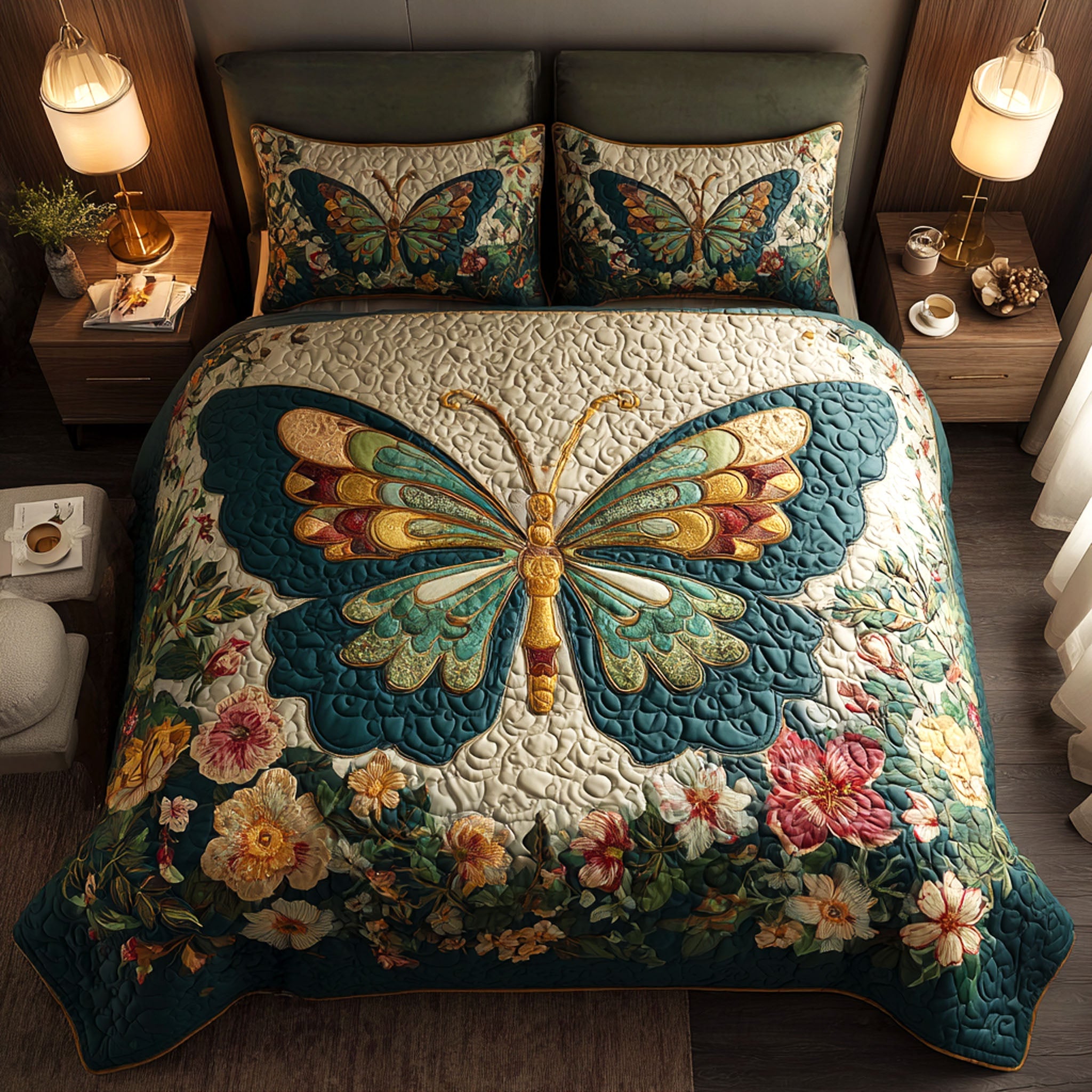 Golden Garden Muse Quilted Bedding Set Bed Decor Butterfly Themed Gifts For Adults