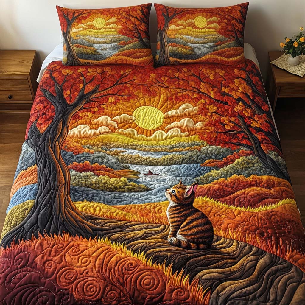 Golden Gaze Quilted Bedding Set Aesthetic Room Decor Gift For Cat Lover