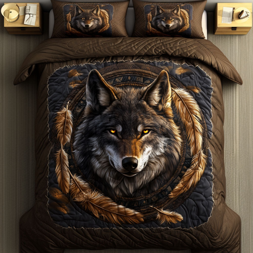 Golden Gaze Quilted Bedding Set Christmas Duvet Sets Gifts With Wolves On Them