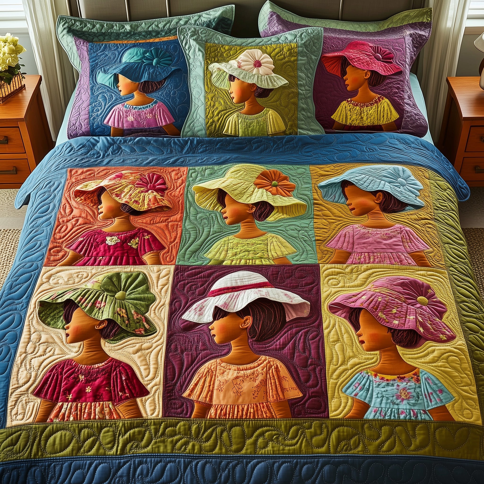 Golden Glow Sunbonnet Quilted Bedding Set Duvet Cover Merchandise Melanin Black History Gifts For Ladies