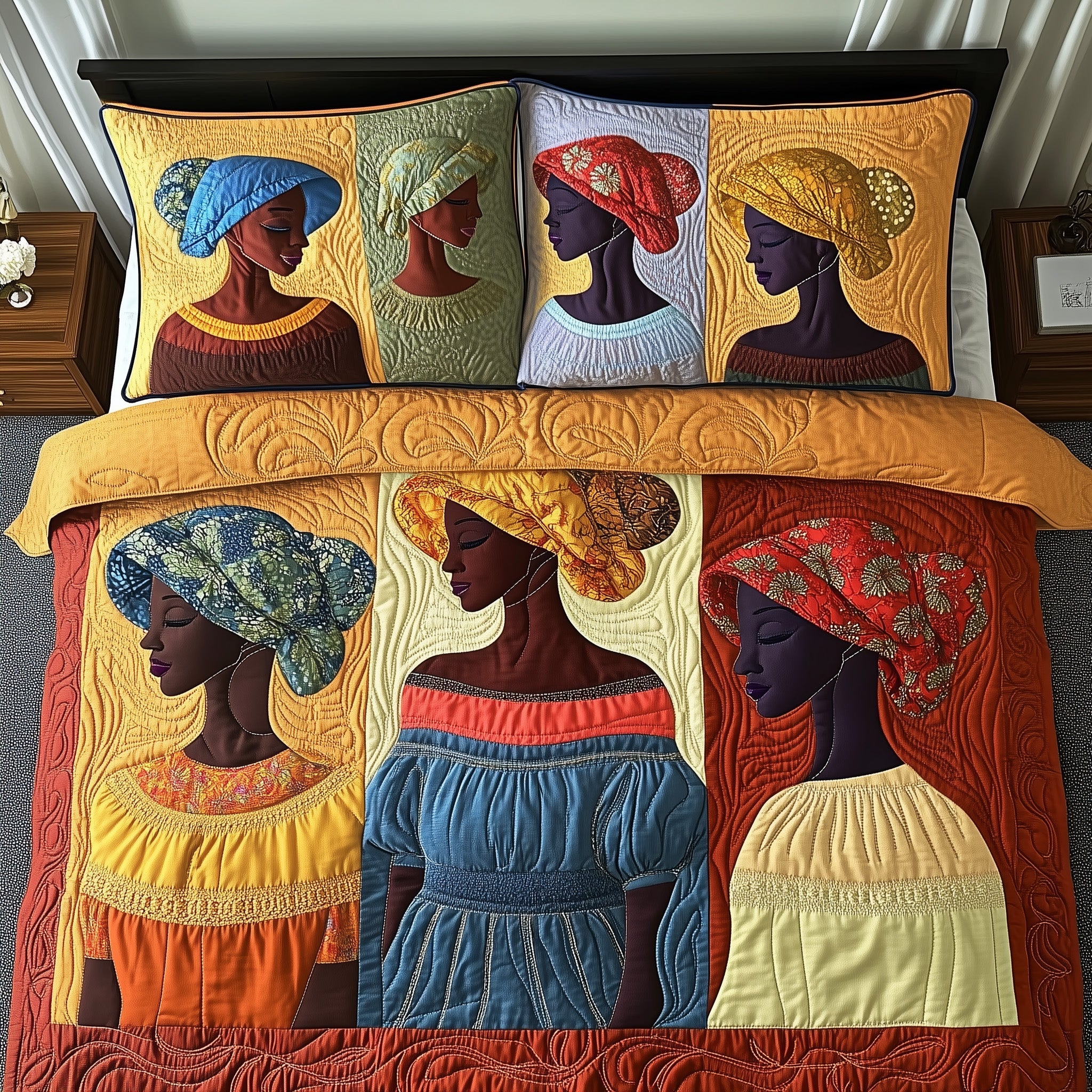 Golden Glow Sunbonnet Quilted Bedding Set Duvet Cover Merchandise Melanin Black Women Gift Ideas