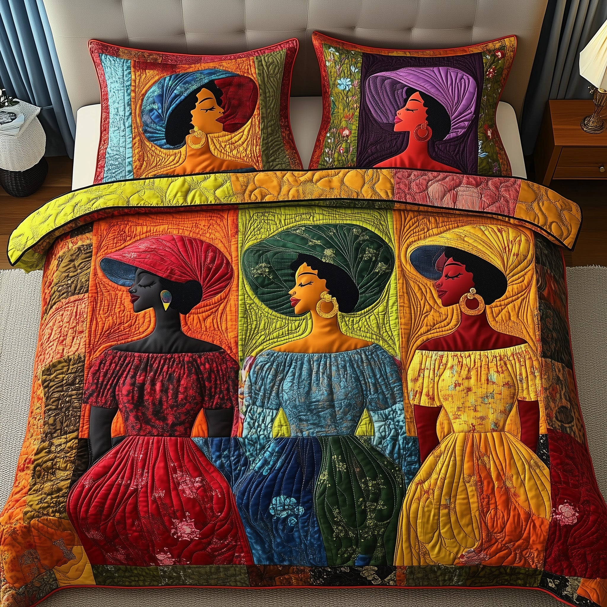 Golden Glow Sunbonnet Quilted Bedding Set Duvet Cover Merchandise Melanin Black Women Gifts For Her