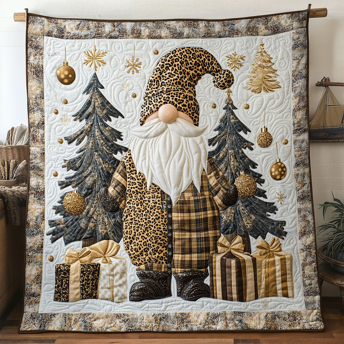 Golden Gnome Cheer Quilt Trendy Quilt Blanket Gift for Modern Home