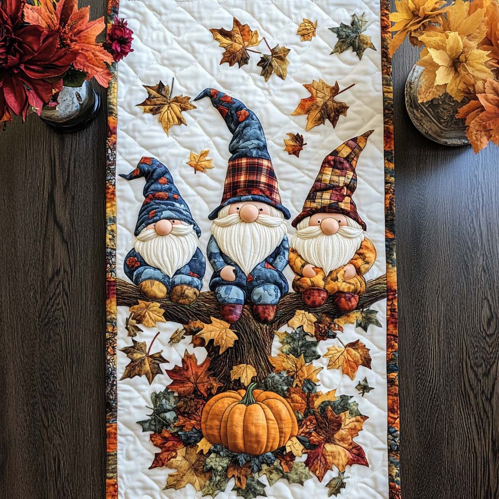 Golden Gnome Stroll Quilted Table Runner Fall Table Runner Best Family Gifts