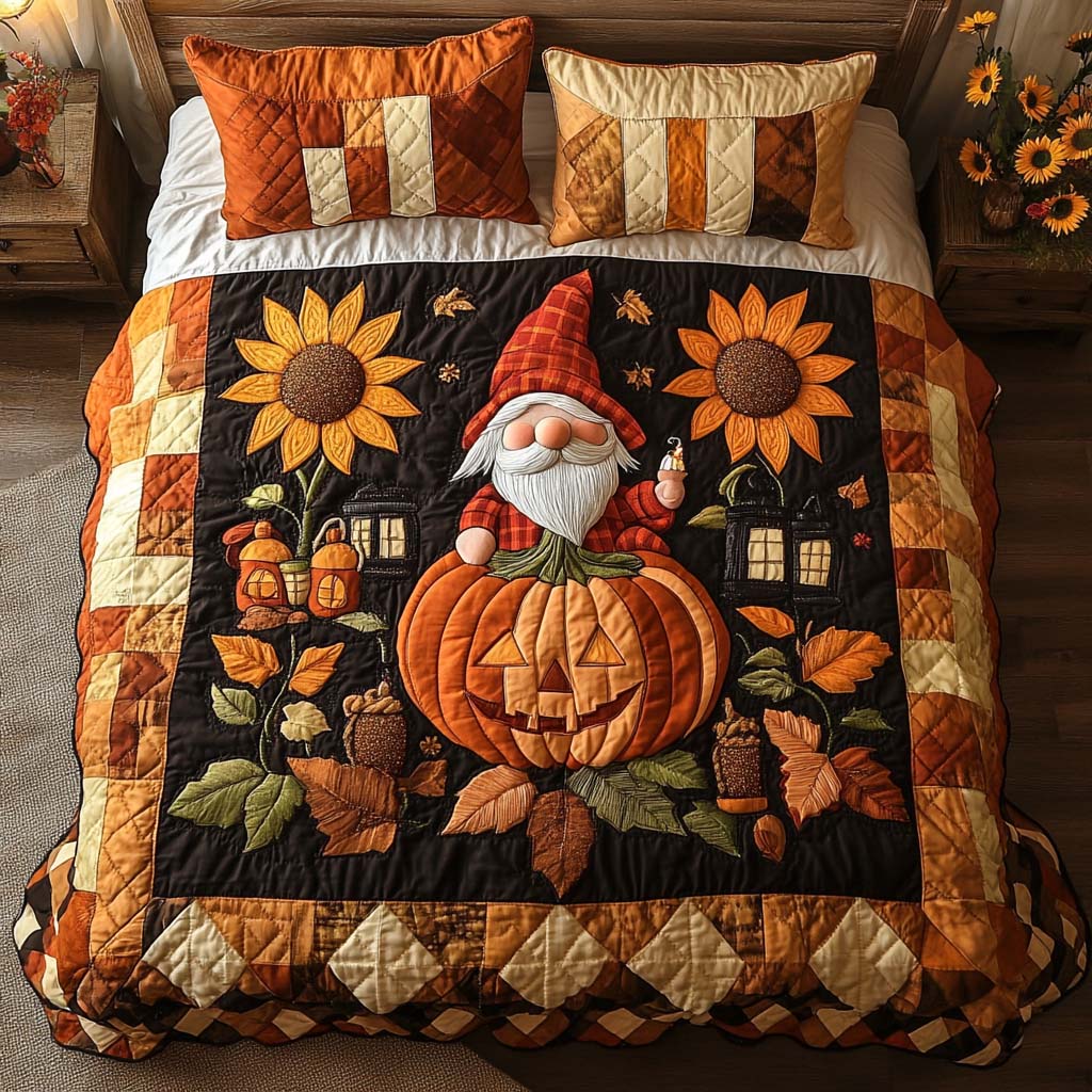 Golden Gnome Trail Quilted Bedding Set Cute Bedroom Decor Gift Ideas For Fall