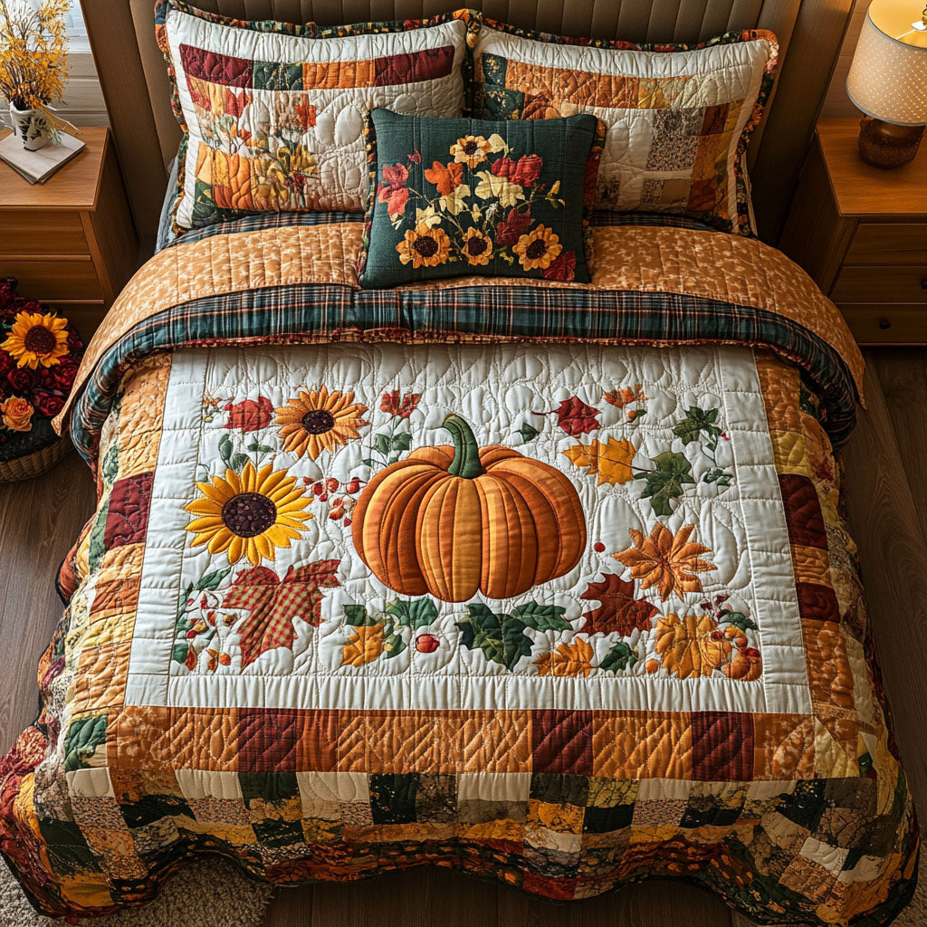 Golden Gourds Quilted Bedding Set Cozy Bedroom Decor Cozy Fall Gift Ideas