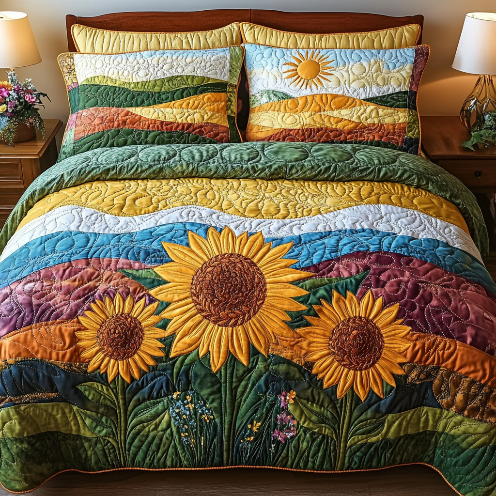 Golden Grace Quilted Bedding Set Unique Bed Sheet Set Gifts For Sunflower Lovers