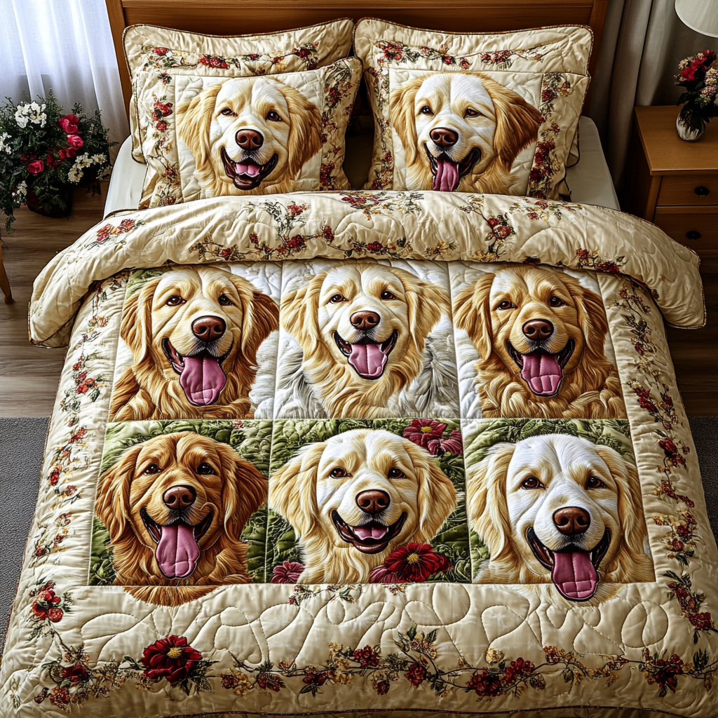 Golden Grid Quilted Bedding Set Personalized Bedding Set Gift for Couples