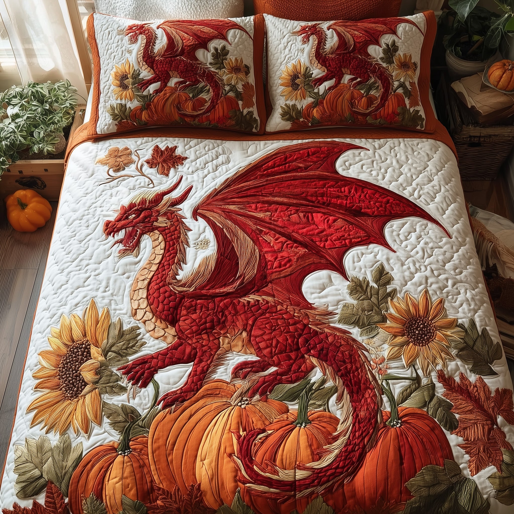 Golden Grove Guardian Quilted Bedding Set Duvet Cover Bedspread Book Theme Gift For Dragon Lover