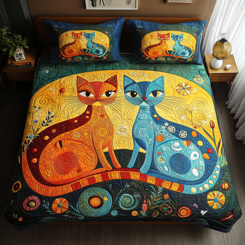 Golden Harmony Cats Quilted Bedding Set Lightweight Duvet Cover Set for Year-Round Comfort