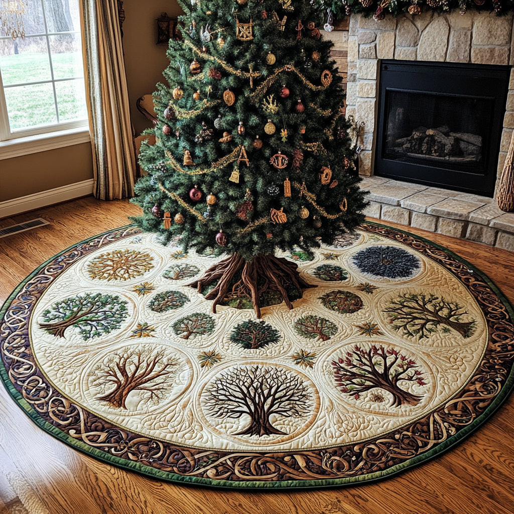Golden Harmony Christmas Quilted Tree Skirt Nature Vibe Best Christmas Gift Ideas