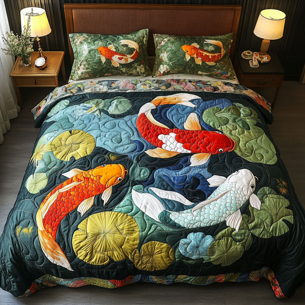 Golden Harmony Quilted Bedding Set Bedroom Decor Ideas Koi Fish Merchandise Gifts