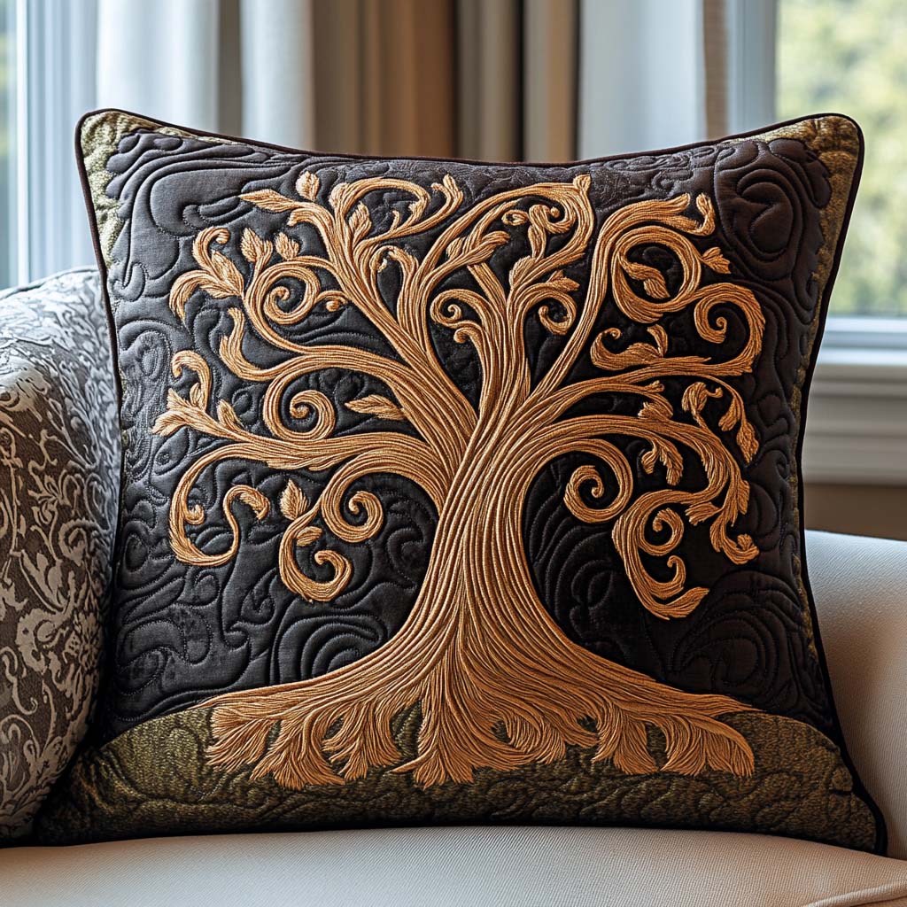 Golden Harmony Tree Of Life Quilted Pillow Case Boho Style Home Decor Unique Gifts For Her