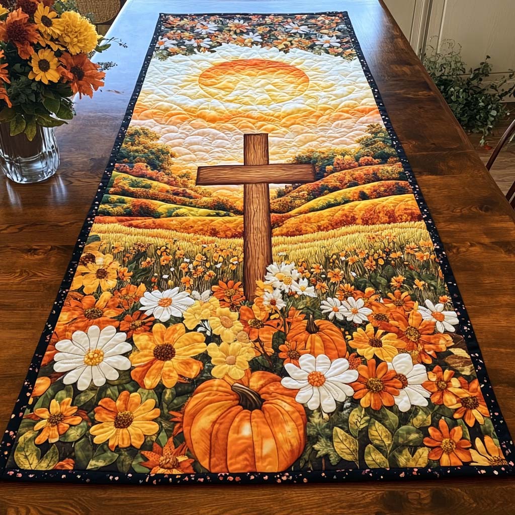 Golden Harvest Cross Quilted Table Runner Holiday Dining Table Decor Christian Presents For Her