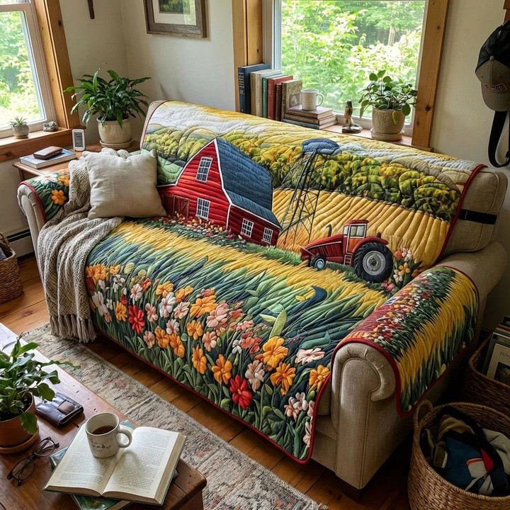 Golden Harvest Fields Quilted Sofa Cover Autumn Farm Furniture Protector Best Fall Home Decor Gift