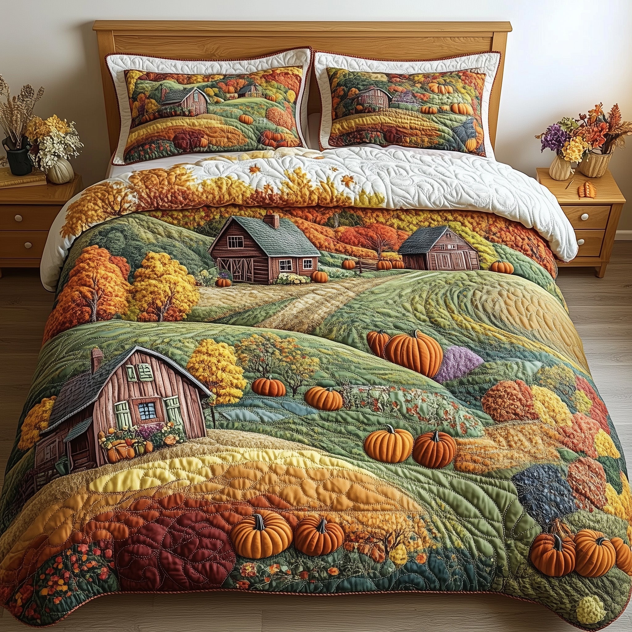 Golden Harvest Quilted Bedding Set Fall Harvest Scene Best Thanksgiving Bedding Gifts