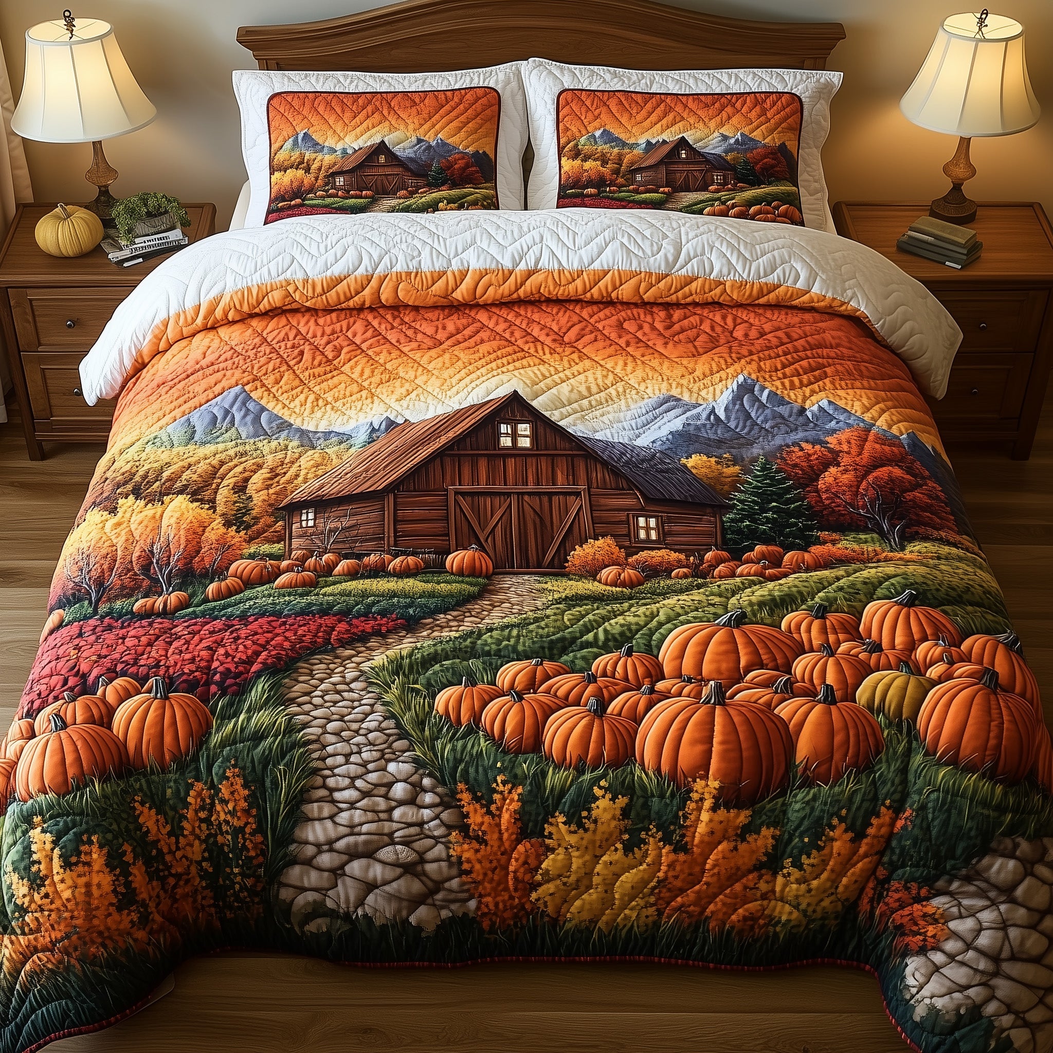 Golden Harvest Quilted Bedding Set Pumpkin Patch Scene Best Autumn Holiday Bedding Gifts