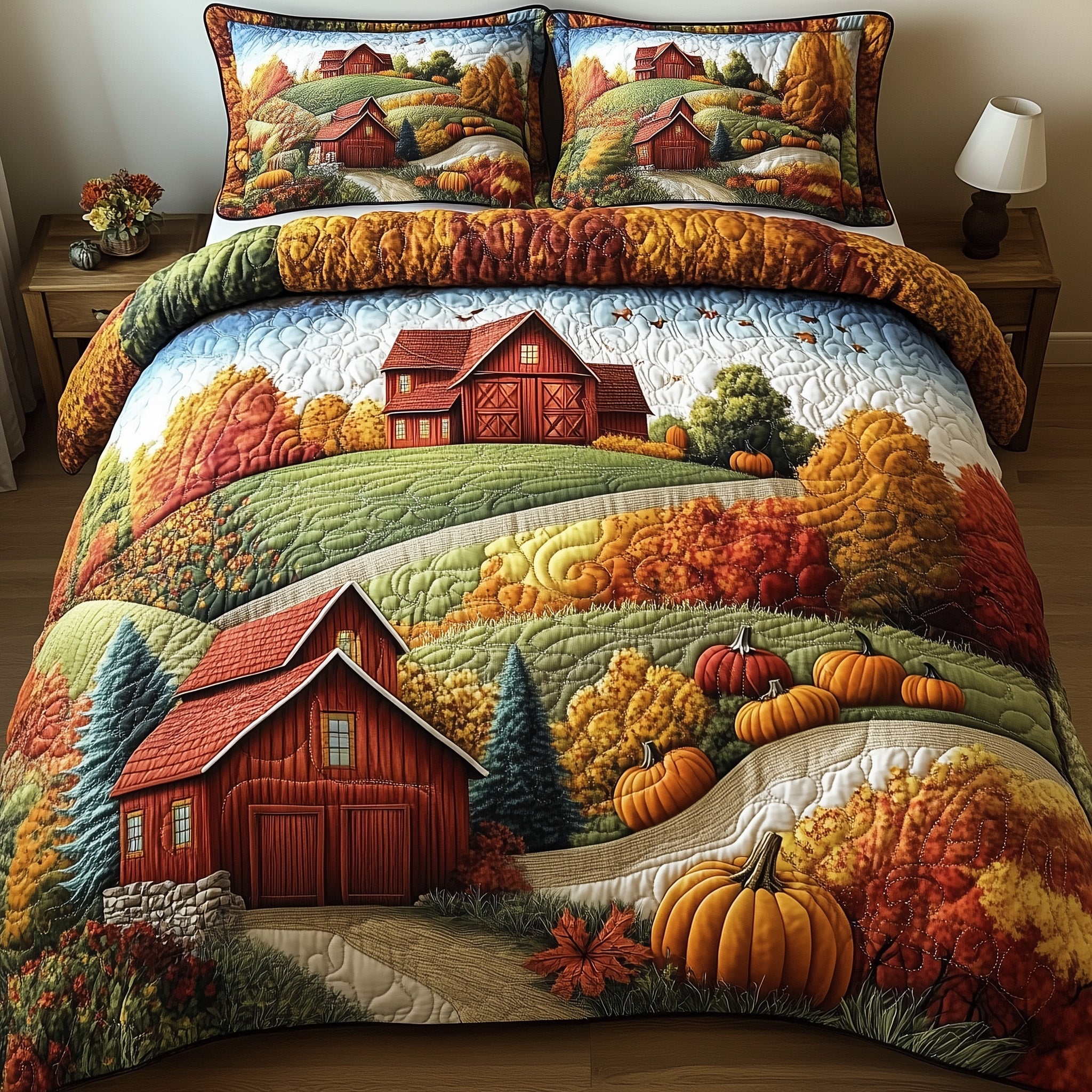 Golden Harvest Quilted Bedding Set Pumpkin Patch Scene Best Thanksgiving Bedding Gift Ideas