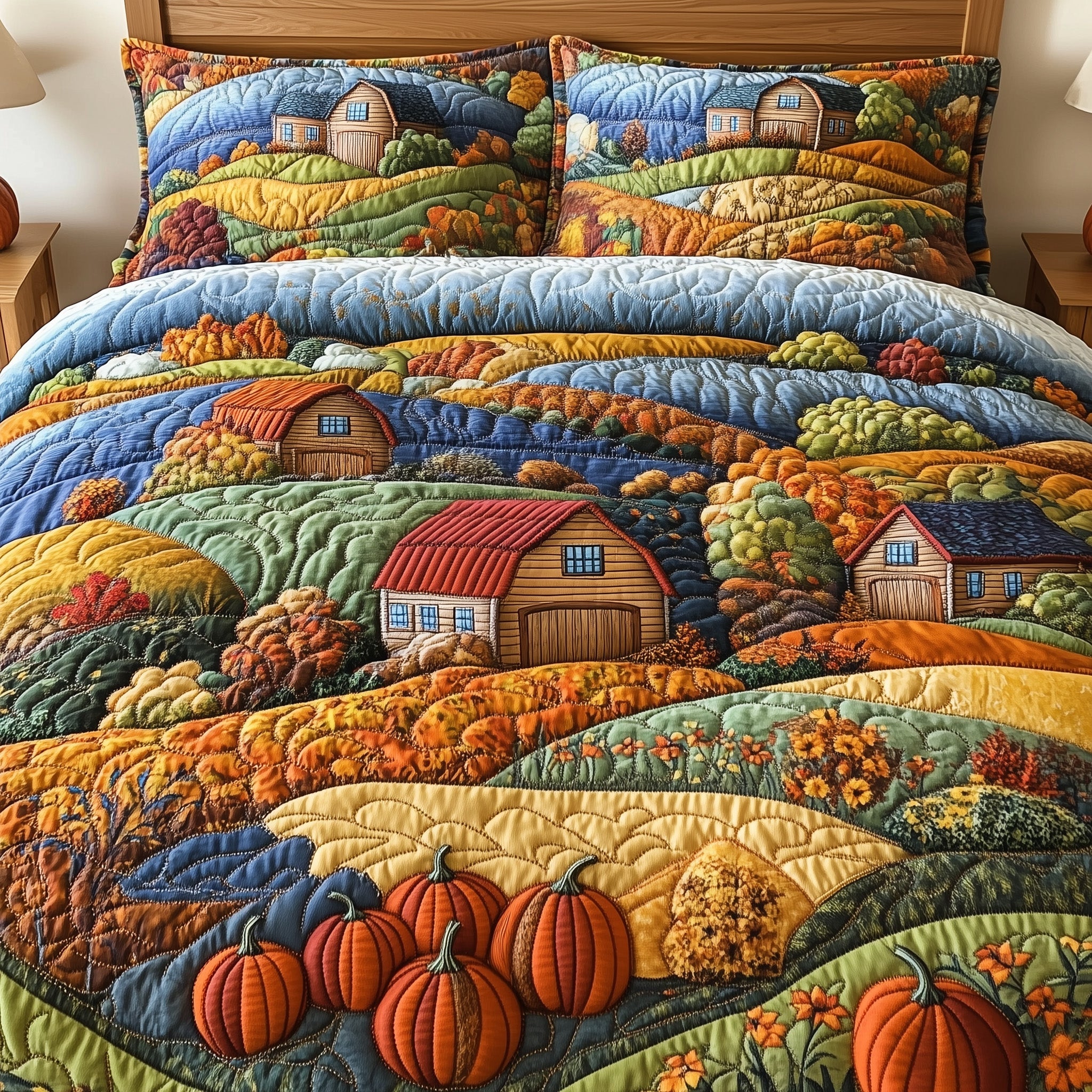 Golden Harvest Quilted Bedding Set Pumpkin Season Happy Thanksgiving Gift Ideas