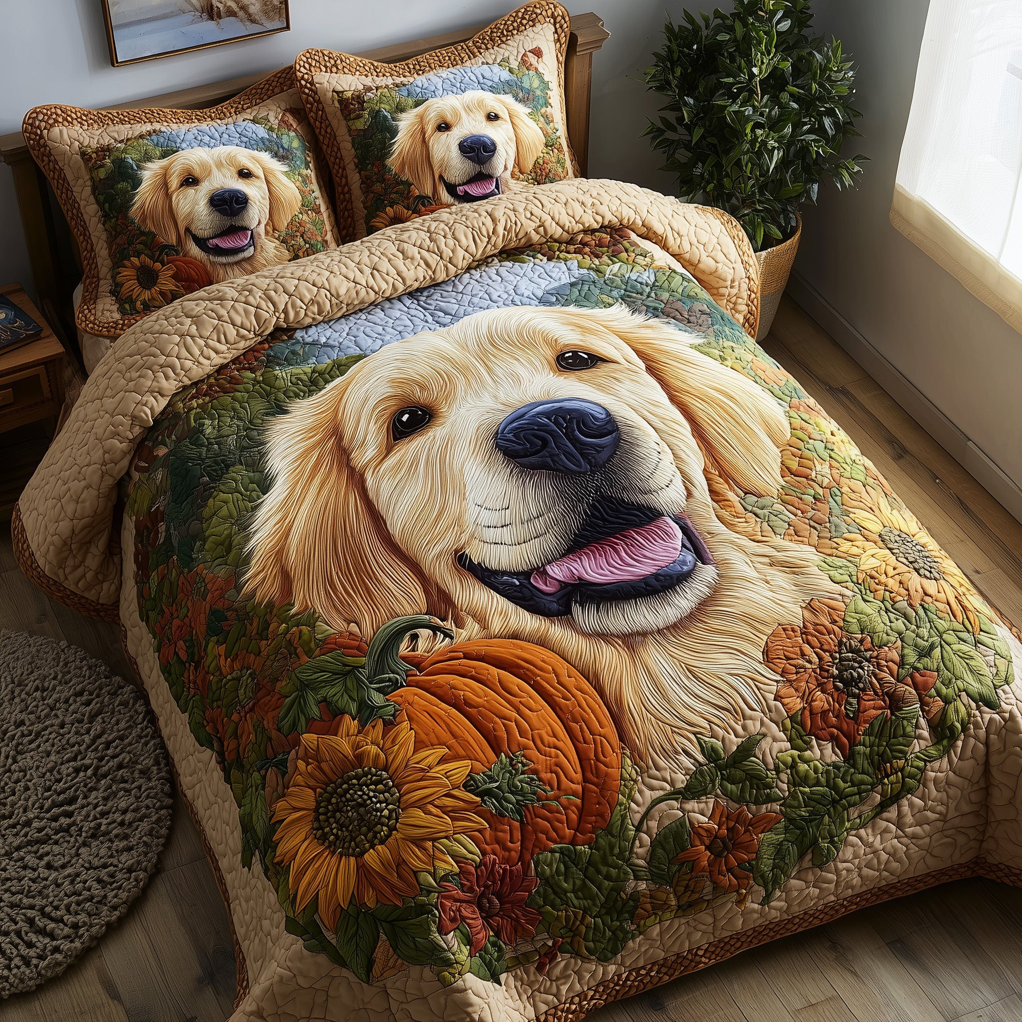 Golden Harvest Retriever Quilted Bedding Set Home Decor Collection