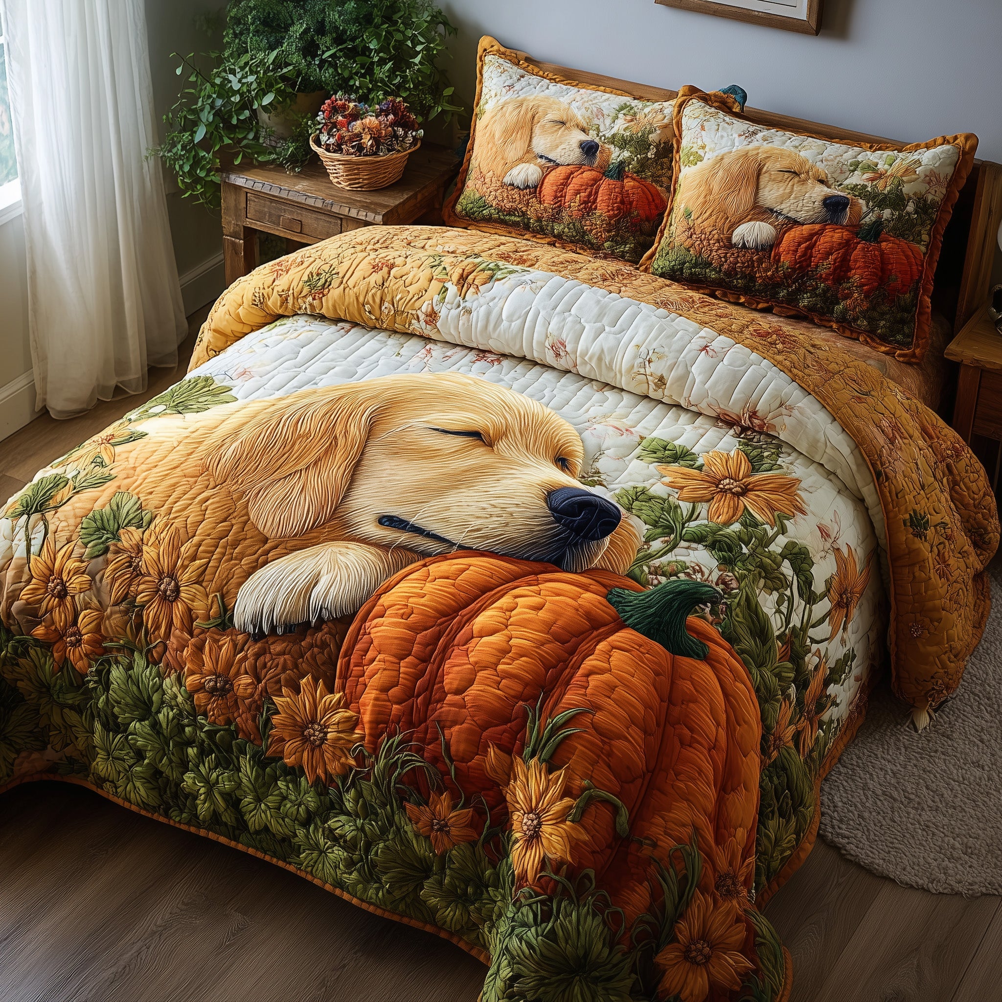 Golden Harvest Retriever Quilted Bedding Set Linen Blend