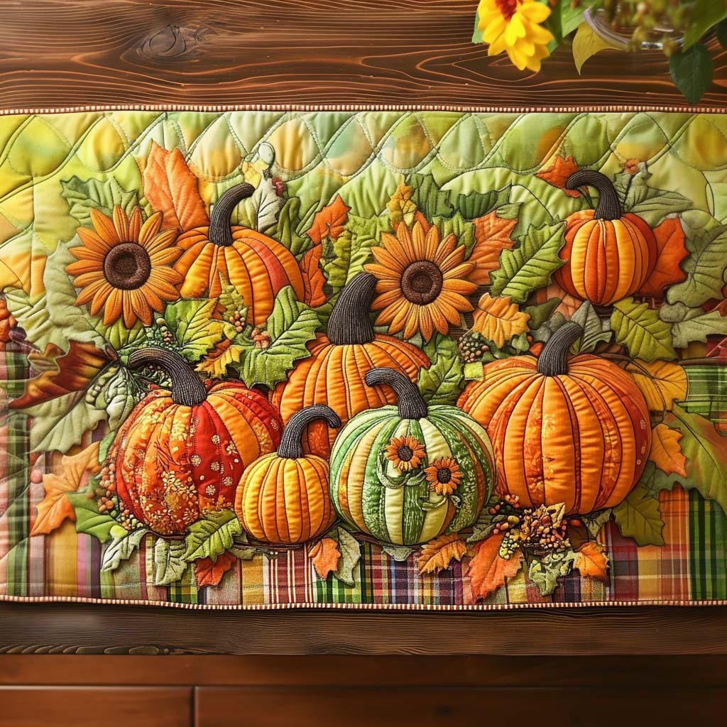 Golden Harvest Time Quilted Table Runner Elegant Fall Table Runner Family Gift Ideas