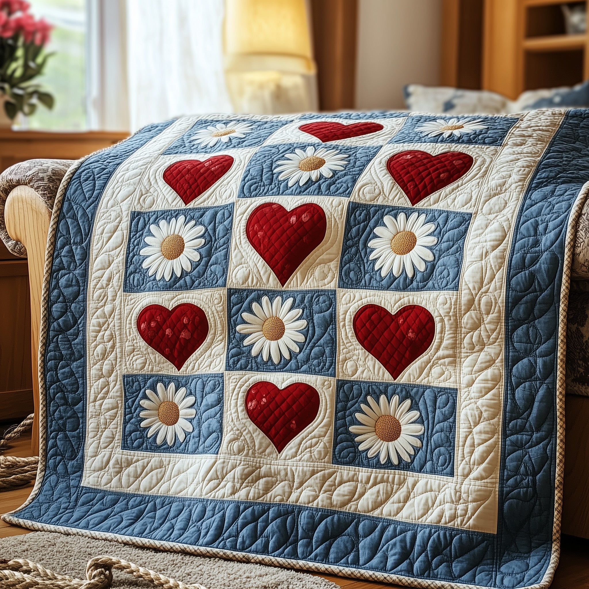 Golden Heart Blossom Quilted Blanket Cute Bed BlanketChristmas Gift For Daughter In Law