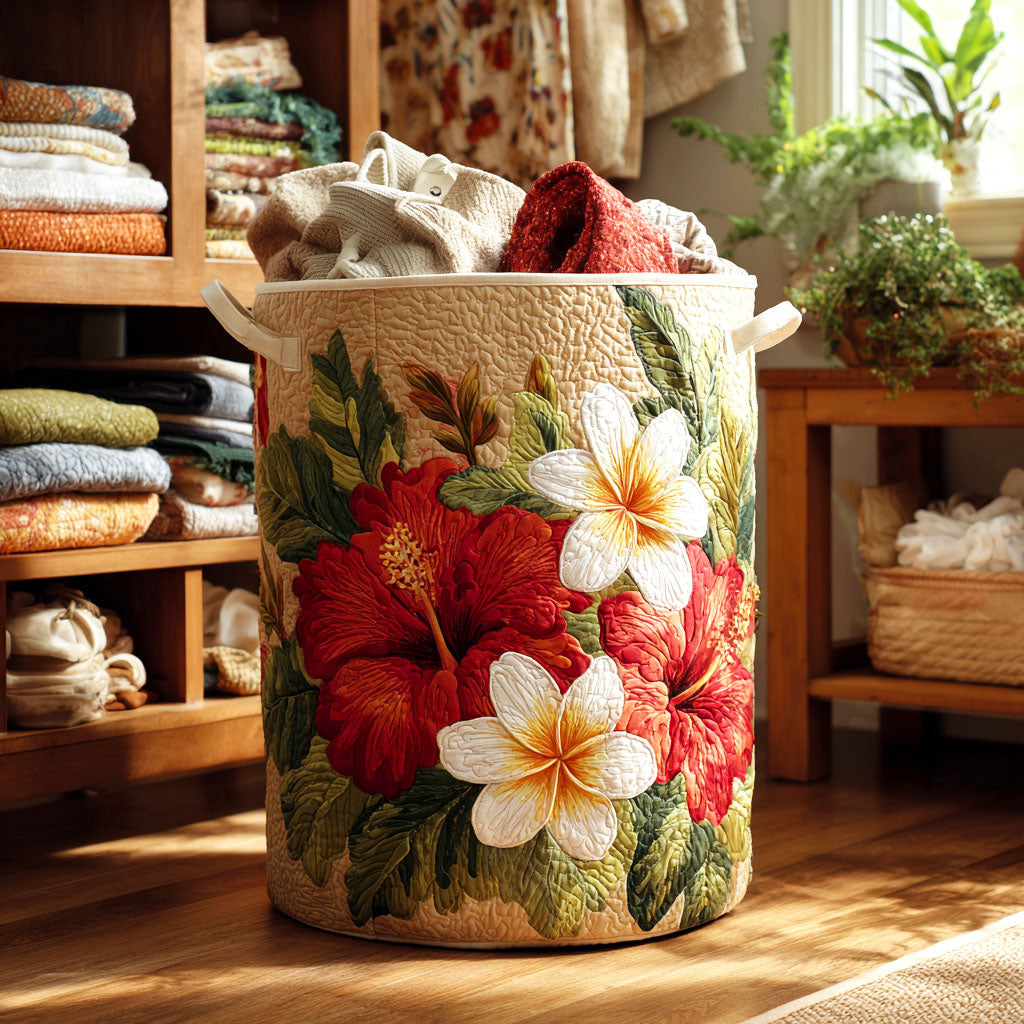 Golden Hibiscus Quilted Laundry Basket Luxury Quilted Storage Basket Gift for Home Decor Lovers