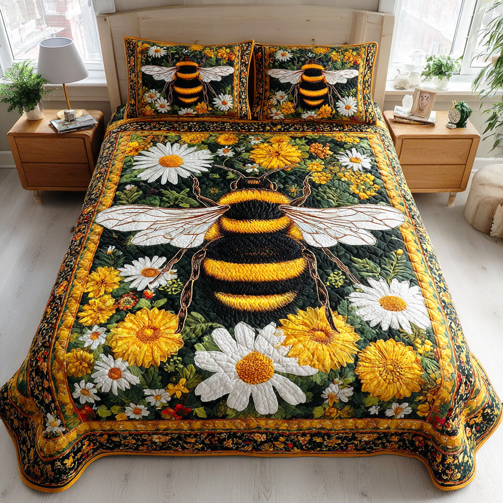 Golden Hive Quilted Bedding Set Lovely Bedroom Gift Idea for Housewarming