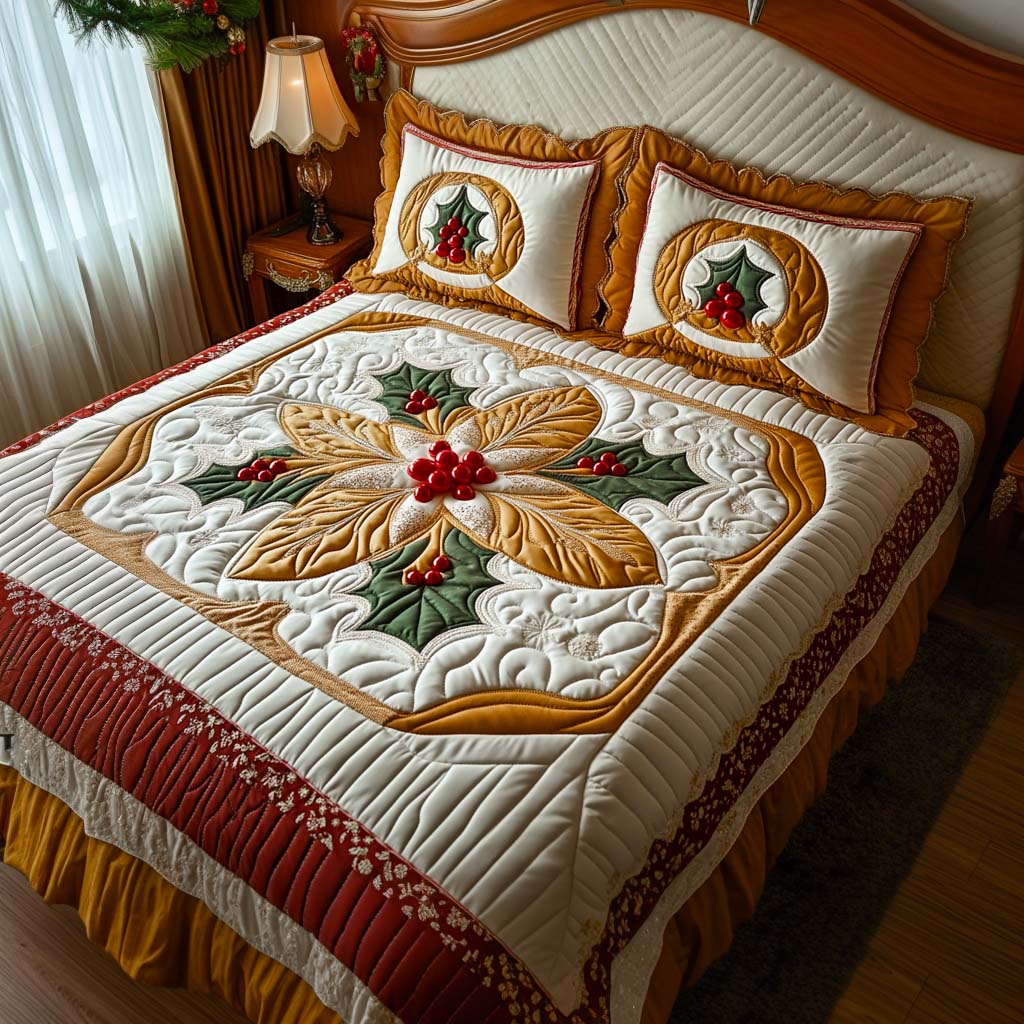 Golden Holly Quilted Bedding Set Cute Room Decor Unique Christian Gifts For Him