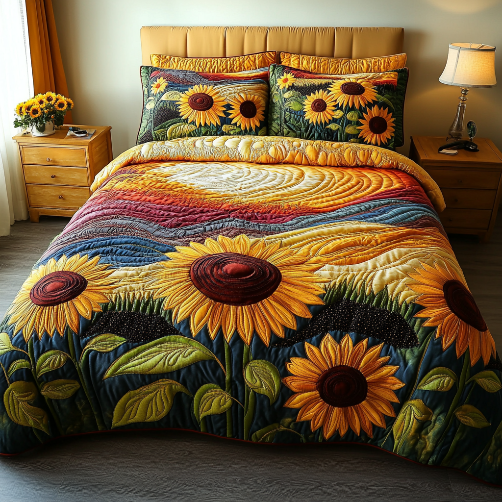 Golden Horizon Quilted Bedding Set Bedroom Decorations Sunflower Gifts For Friends