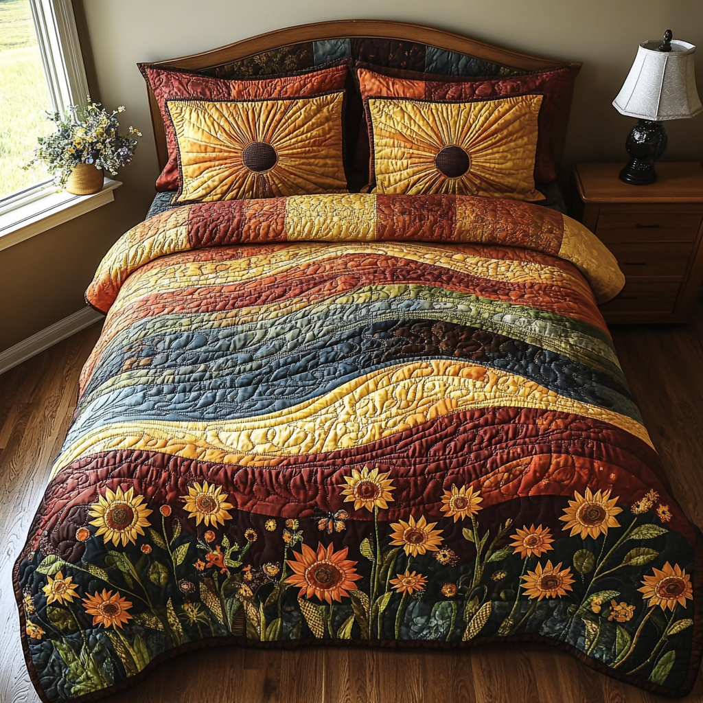Golden Horizon Quilted Bedding Set Christmas Bedroom Decor Sunflower Items For Gifts