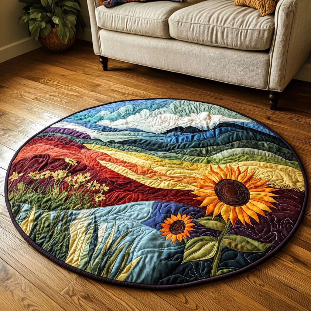 Golden Horizon Quilted Round Mat Home Entrance Decor Ideas Gifts For Sunflower Lovers