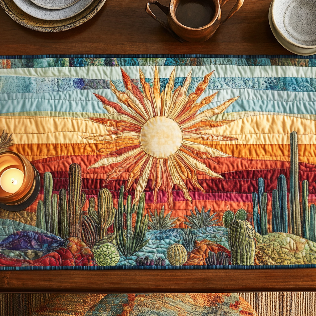 Golden Horizon Quilted Table Runner Kitchen Table Decor Unique Cactus Gifts