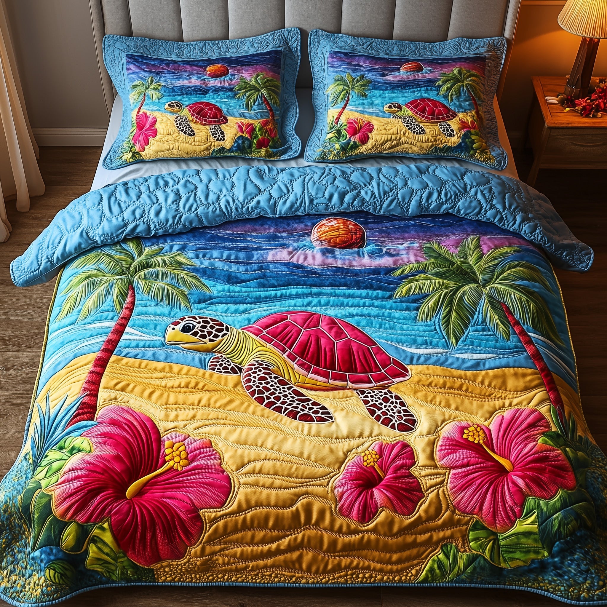 Golden Horizon Turtle Quilted Bedding Set Duvet Cover Bedspread Best Gifts For Turtle Lovers