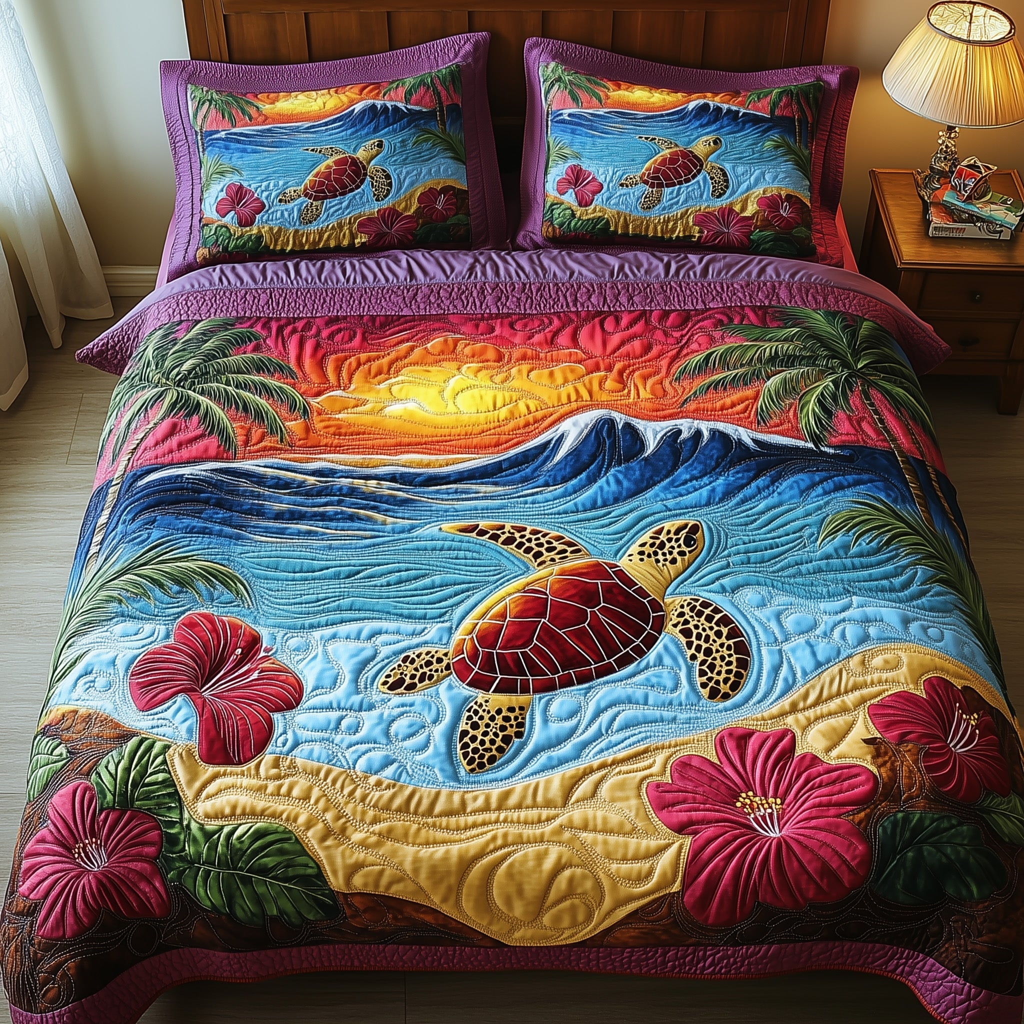 Golden Horizon Turtle Quilted Bedding Set Duvet Cover Bedspread Christmas Gifts For People Who Loves Sea Turtle