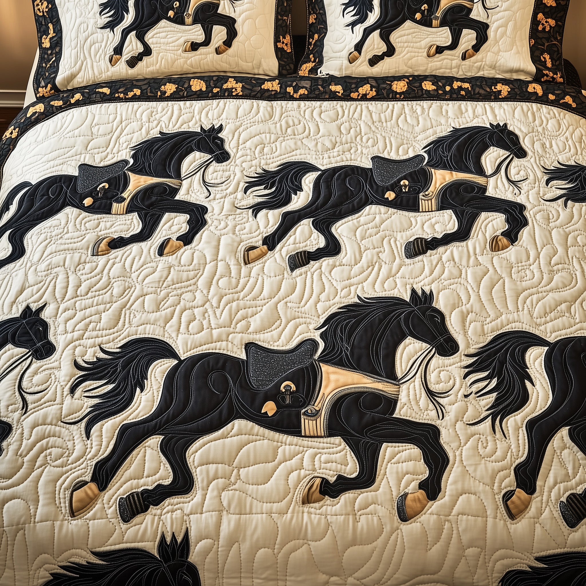 Golden Horse Luck Quilted Bedding Set Duvet Cover Bed Sheet Valentines Gifts For Horse Lovers