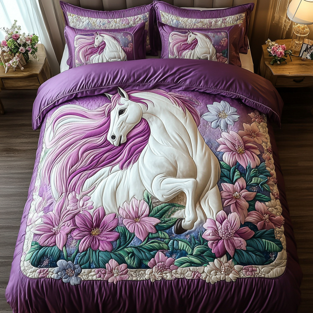 Golden Horse Quilted Bedding Set Bed Decor Gifts For Horse People